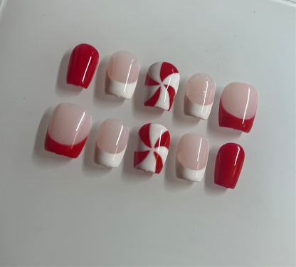 Peppermint Candy Cane Holiday Presson Nails (select your size and length) Christmas Nails