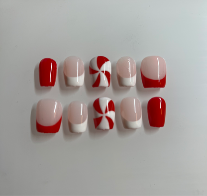 Peppermint Candy Cane Holiday Presson Nails (select your size and length) Christmas Nails