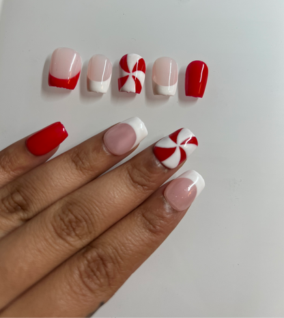 Peppermint Candy Cane Holiday Presson Nails (select your size and length) Christmas Nails