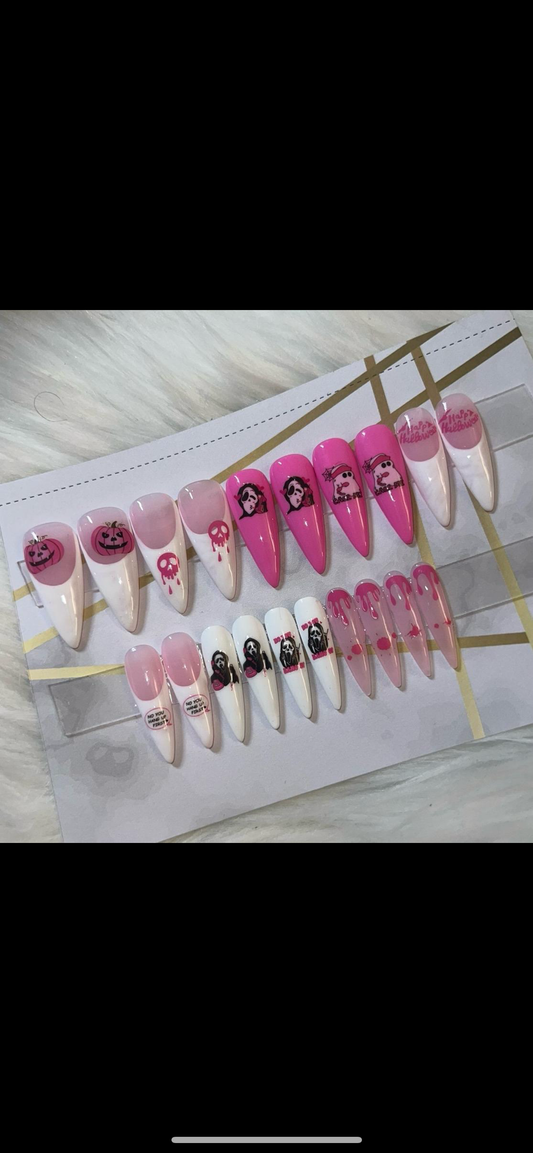 Pink Halloween Ghost Face Stilletto Presson Nails (20 count) no measuring needed